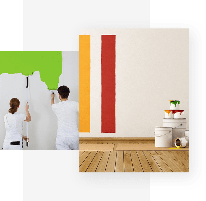 A couple of people painting the wall in a room.