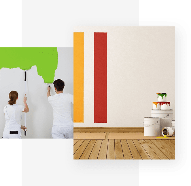 A couple of people painting the wall in a room.